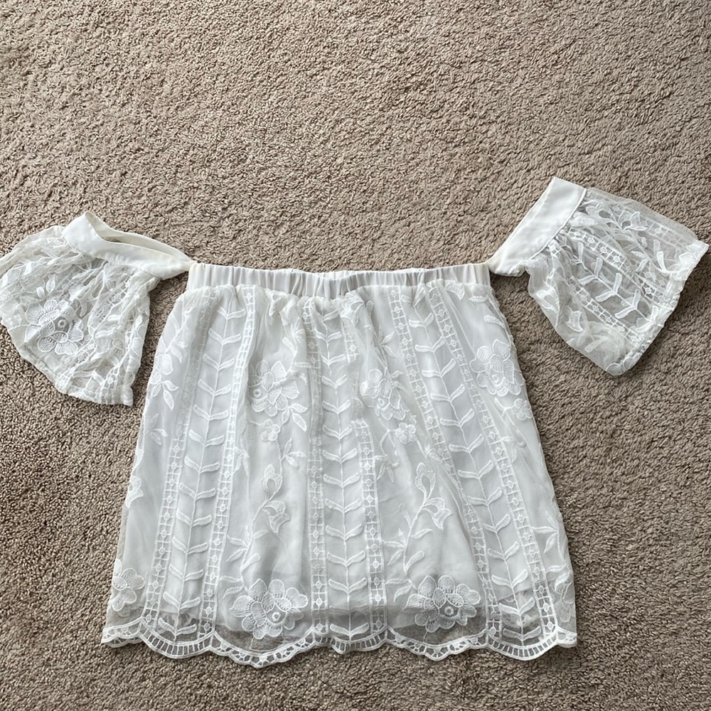 Blue Rain (Francesca’s) white floral off-the-shoulder blouse